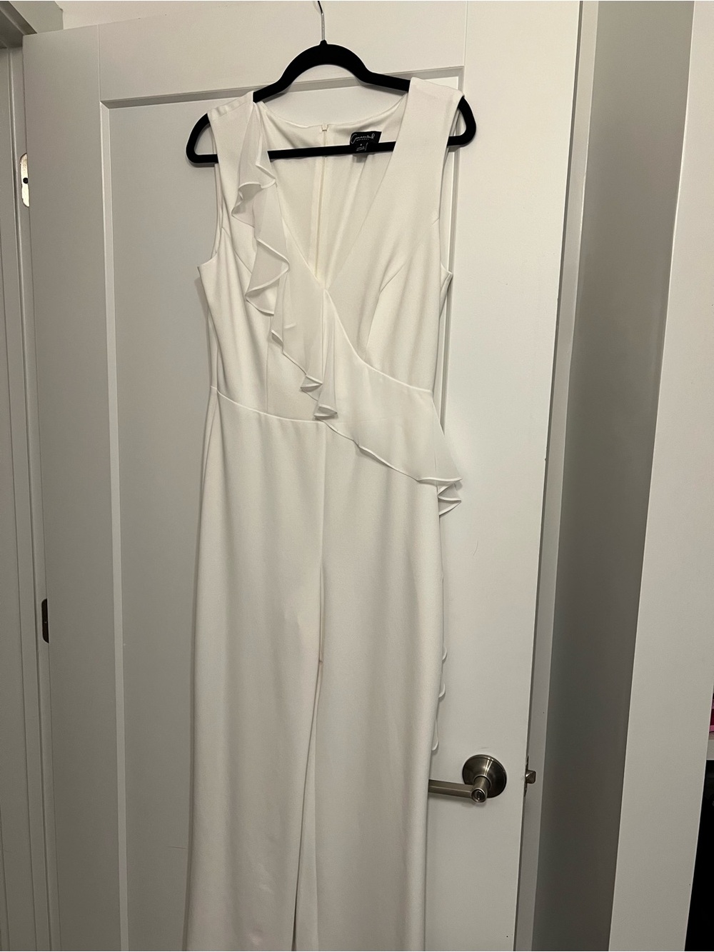 connected apparel White One-Shoulder Ruffle Jumpsuit